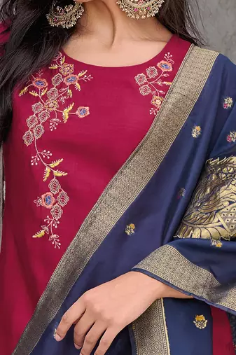  women kurta and trouser duppata set silk blend