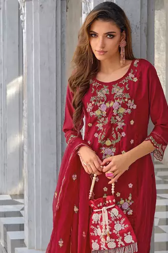  women kurta and trouser duppata set silk blend