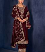 Designer Kashmiri Velvet Straight Suit For Women Maroon