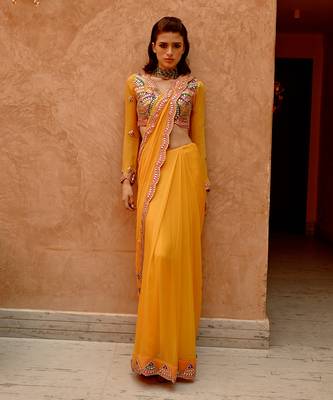 Mango yellow saree with full sleeve blouse 1