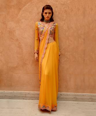 Mango yellow saree with full sleeve blouse 2