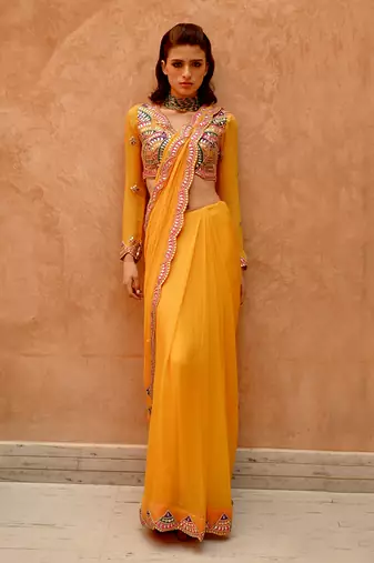 Mango yellow saree with full sleeve blouse