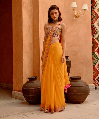 Mango yellow saree with bejewelled bandeau blouse 1