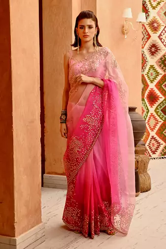 Rose pink ombre saree set