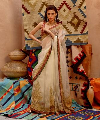 Fawn 'queen' saree with sleeveless tie-up blouse 1