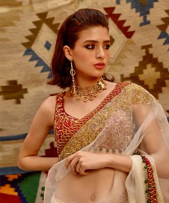 Fawn 'queen' saree with sleeveless tie-up blouse 2