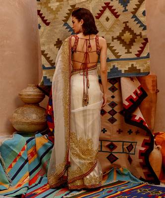 Fawn 'queen' saree with sleeveless tie-up blouse 3