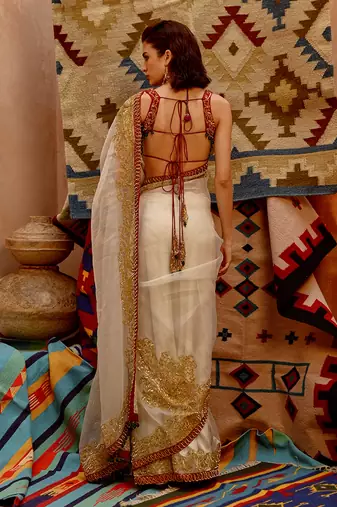 Fawn 'queen' saree with sleeveless tie-up blouse