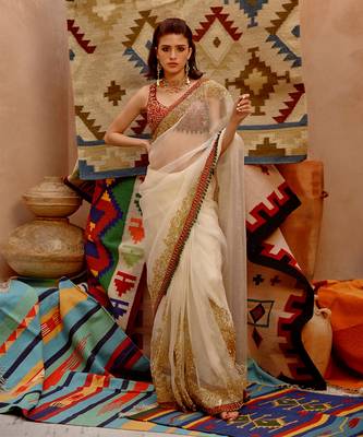 Fawn 'queen' saree with sleeveless tie-up blouse 4