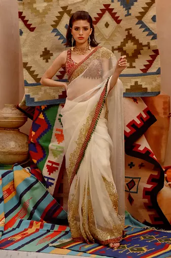 Fawn 'queen' saree with sleeveless tie-up blouse