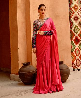 Hot pink drape saree with 'queen' blouse 1