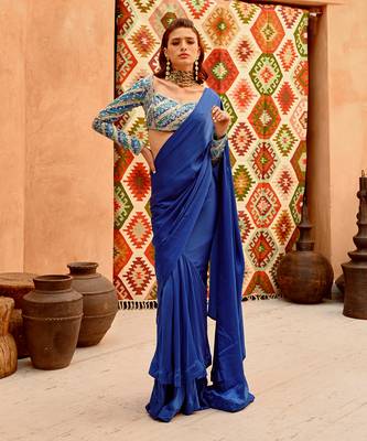 Cobalt blue drape saree with 'queen' blouse 1