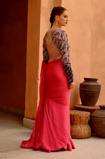 Hot pink drape saree with 'queen' blouse