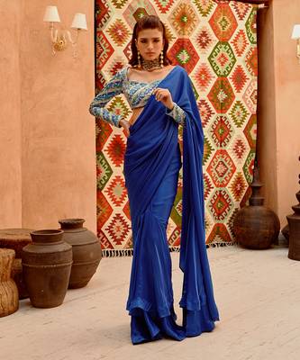 Cobalt blue drape saree with 'queen' blouse 2