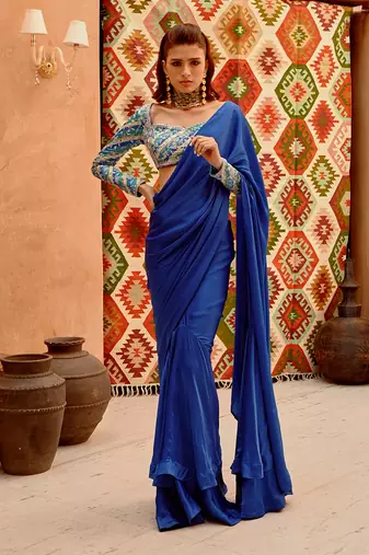 Cobalt blue drape saree with 'queen' blouse