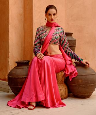 Hot pink drape saree with 'queen' blouse 3