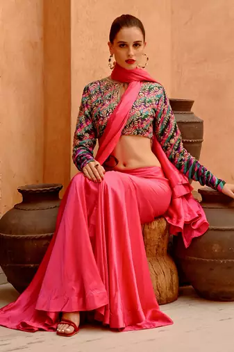 Hot pink drape saree with 'queen' blouse