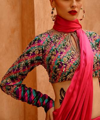 Hot pink drape saree with 'queen' blouse 4