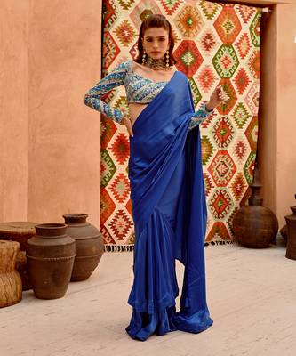 Cobalt blue drape saree with 'queen' blouse 3