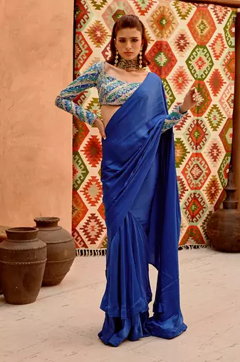 Cobalt blue drape saree with 'queen' blouse