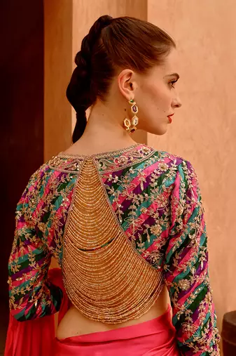 Hot pink drape saree with 'queen' blouse