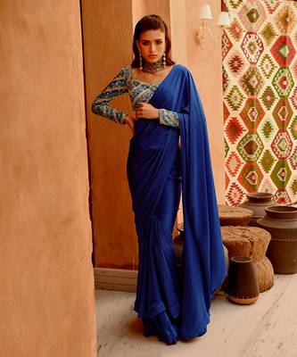 Cobalt blue drape saree with 'queen' blouse 4