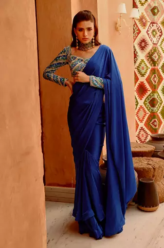 Cobalt blue drape saree with 'queen' blouse