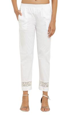 Pavonine white color stretchable sequence lace hem pencil trousers 1