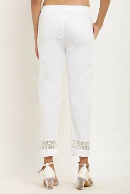 Pavonine white color stretchable sequence lace hem pencil trousers 2