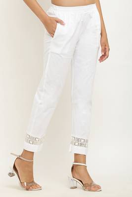 Pavonine white color stretchable sequence lace hem pencil trousers 3