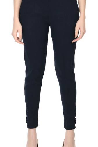 Pavonine navy blue color stretchable cotton lycra fabric pencil trouser