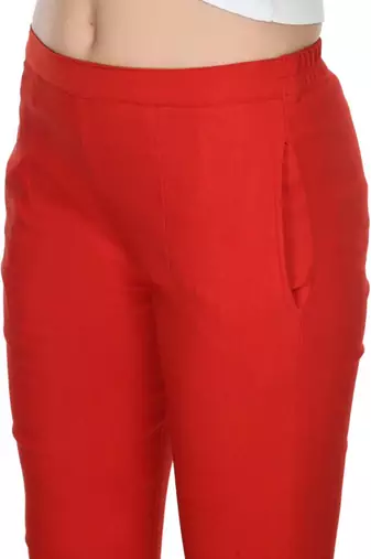 Pavonine red color stretchable cotton lycra fabric pencil trouser