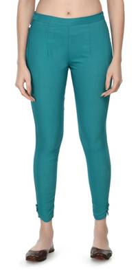 Pavonine rama green color stretchable cotton lycra fabric pencil trouser 1