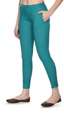 Pavonine rama green color stretchable cotton lycra fabric pencil trouser 2