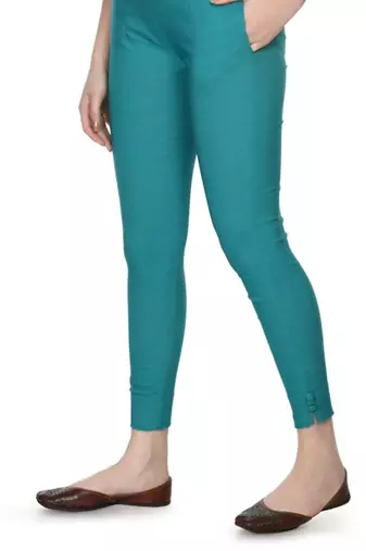 Pavonine rama green color stretchable cotton lycra fabric pencil trouser
