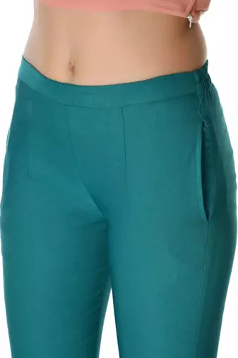 Pavonine rama green color stretchable cotton lycra fabric pencil trouser