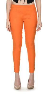 Pavonine orange color stretchable cotton lycra fabric pencil trouser 1