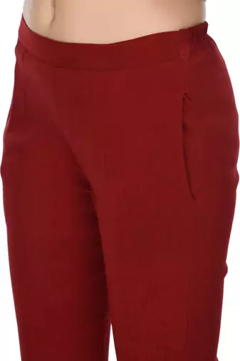 Pavonine maroon color stretchable cotton lycra fabric pencil trouser