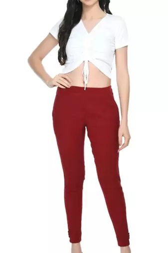 Pavonine maroon color stretchable cotton lycra fabric pencil trouser