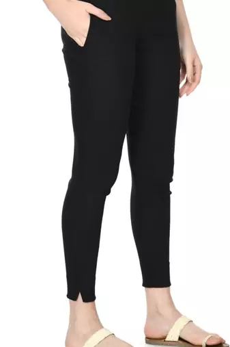 Pavonine black color stretchable cotton lycra fabric pencil trouser