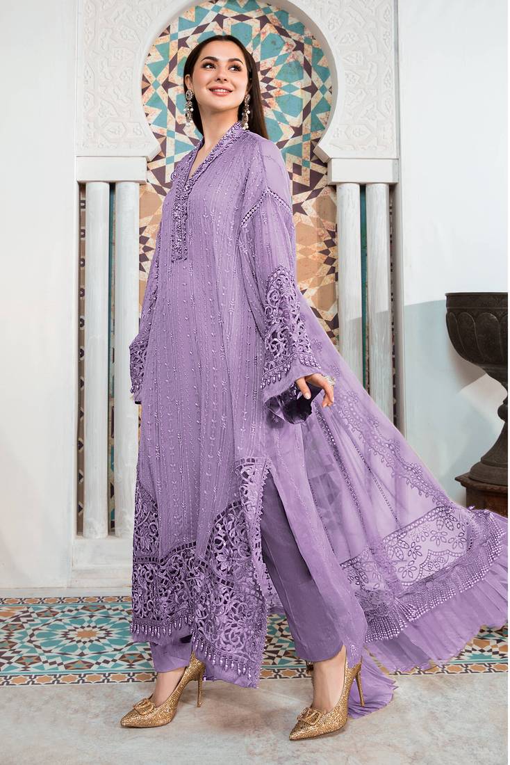 Lavender pakistani semi stitched suit with embroidery work