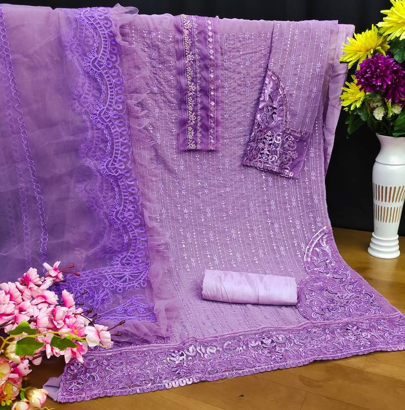 Lavender pakistani semi stitched suit with embroidery work