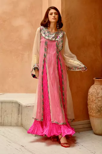 Ivory sheer front slit afghani kurta with anarkali set