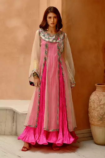 Ivory sheer front slit afghani kurta with anarkali set
