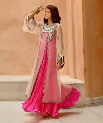 Ivory sheer front slit afghani kurta with anarkali set 4