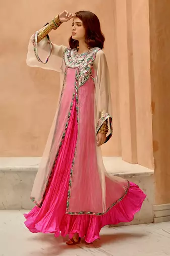 Ivory sheer front slit afghani kurta with anarkali set