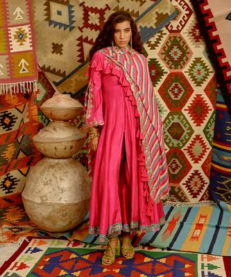 Hot pink slit sleeve anarkali set 1