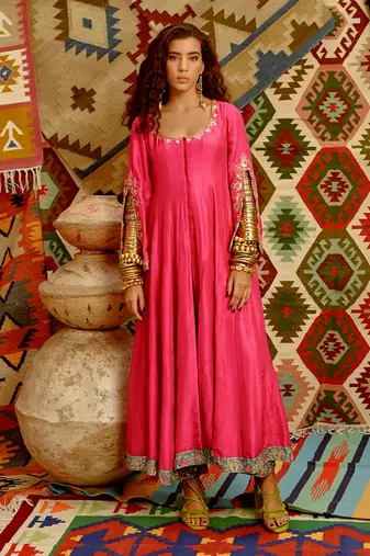 Hot pink slit sleeve anarkali set