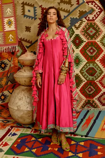 Hot pink slit sleeve anarkali set