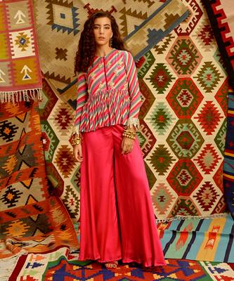 Hot pink  indi-leheriya metal bead work tunic set 1